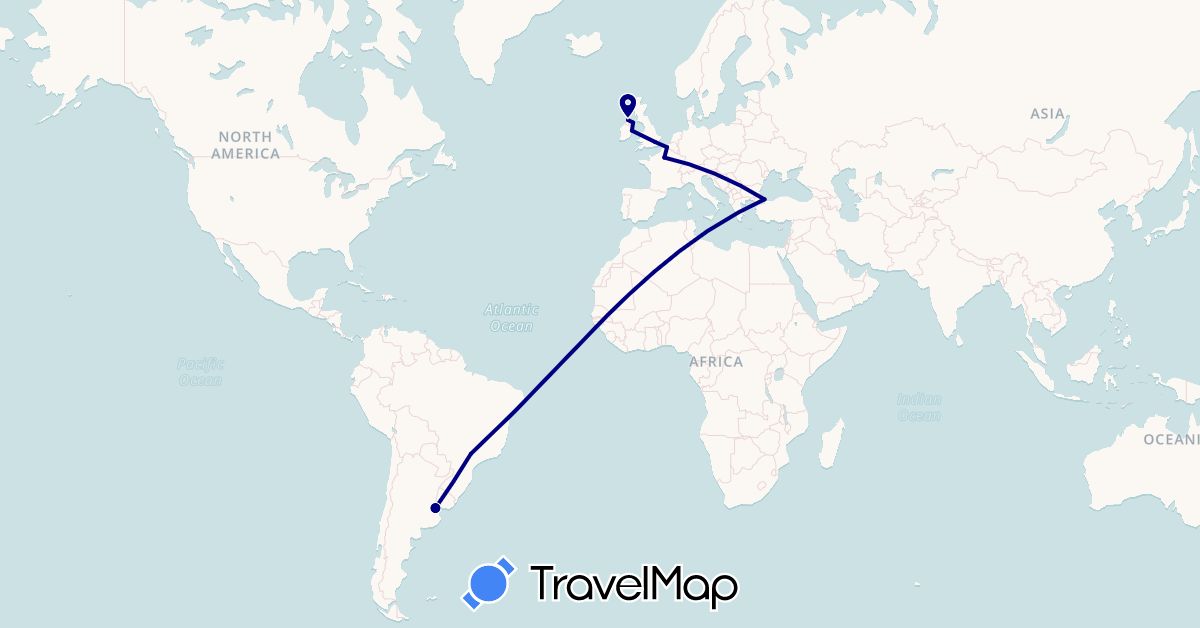 TravelMap itinerary: driving in Argentina, Brazil, France, United Kingdom, Ireland, Turkey (Asia, Europe, South America)