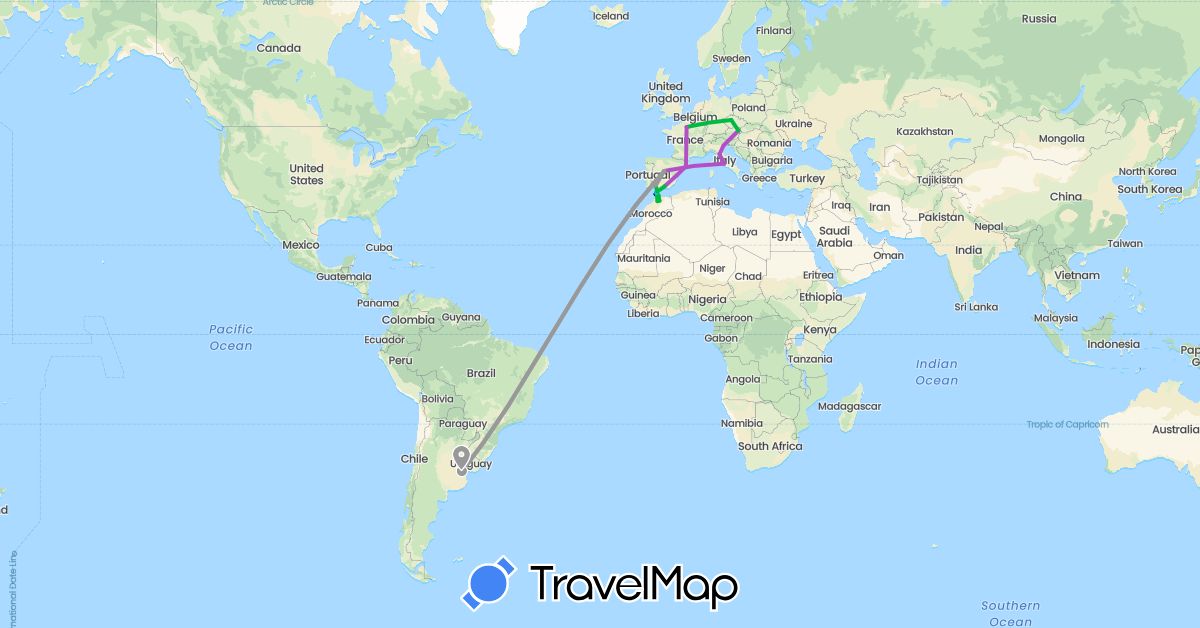 TravelMap itinerary: driving, bus, plane, train, boat in Argentina, Austria, Czech Republic, Spain, France, Italy, Morocco (Africa, Europe, South America)